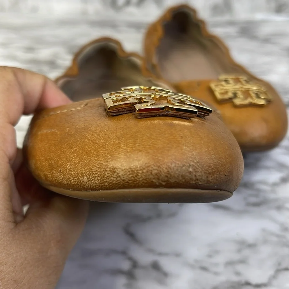 Tory Burch MELINDA Large LOGO Ballet Flats in Royal Tan/ Gold in 7.5